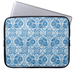 Custom Indigo Blue Floral Faux Lace Pattern Laptop Sleeve