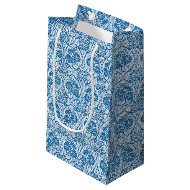 Custom Indigo Blue Floral Faux Lace Pattern Small Gift Bag (Front Angled)