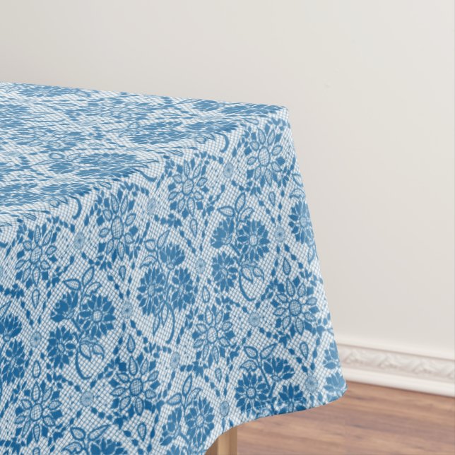 Custom Indigo Blue Floral Faux Lace Pattern Tablecloth (In Situ)