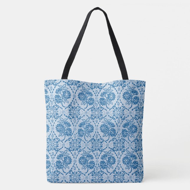 Custom Indigo Blue Floral Faux Lace Pattern Tote Bag (Back)