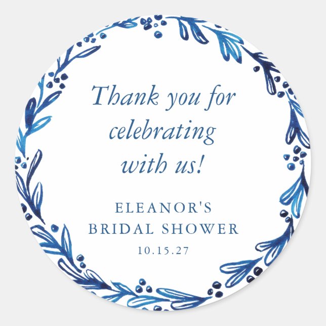Custom Indigo Blue Ink Botanical Bridal Shower Classic Round Sticker (Front)