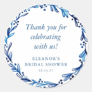 Custom Indigo Blue Ink Botanical Bridal Shower Classic Round Sticker