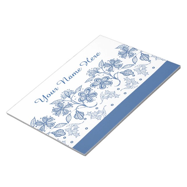 Custom Indigo Blue on White Floral Border NotePad (Angled)