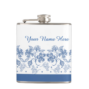 Custom Indigo Blue, White Floral Border Hip Flask