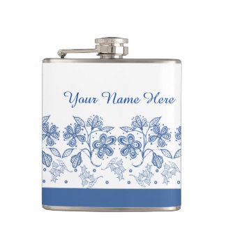 Custom Indigo Blue, White Floral Border Hip Flask