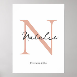 Custom Inital Baby Name and Birth Date Modern Boho Poster