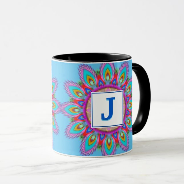 Custom initial 2 tone coffee mug Mandala pattern (Front Right)