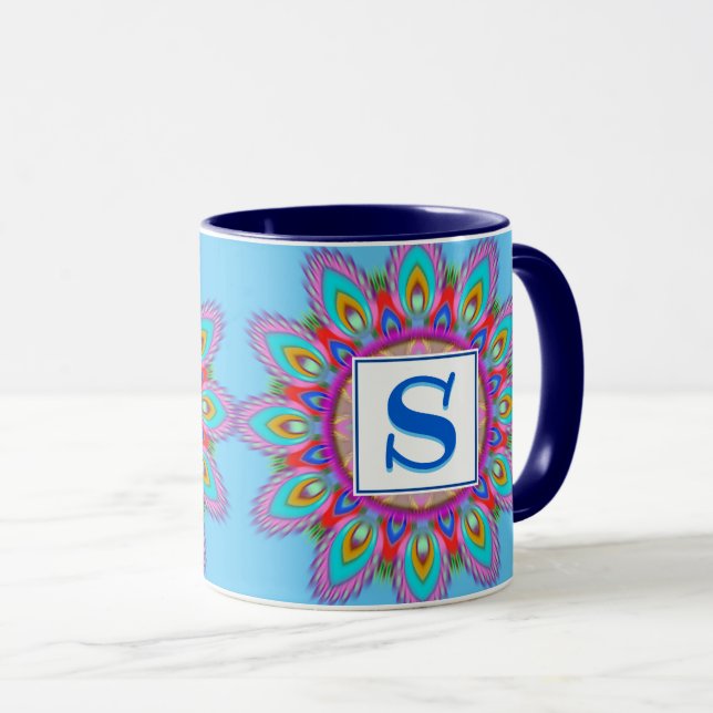 Custom initial 2 tone coffee mug Mandala pattern (Front Right)