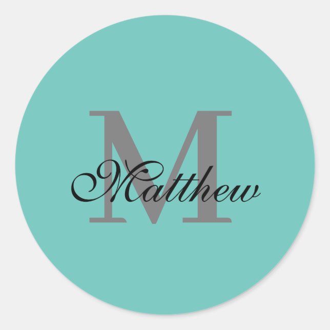 Custom initial and name text teal classic round sticker (Front)