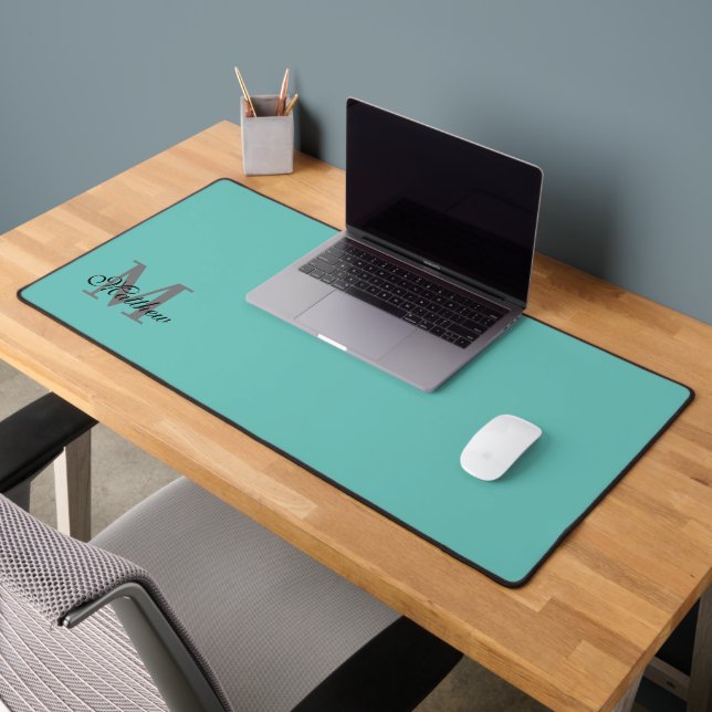 Custom initial and name text teal desk mat (Office 2)