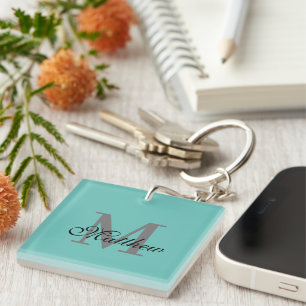 Custom initial and name text teal key ring