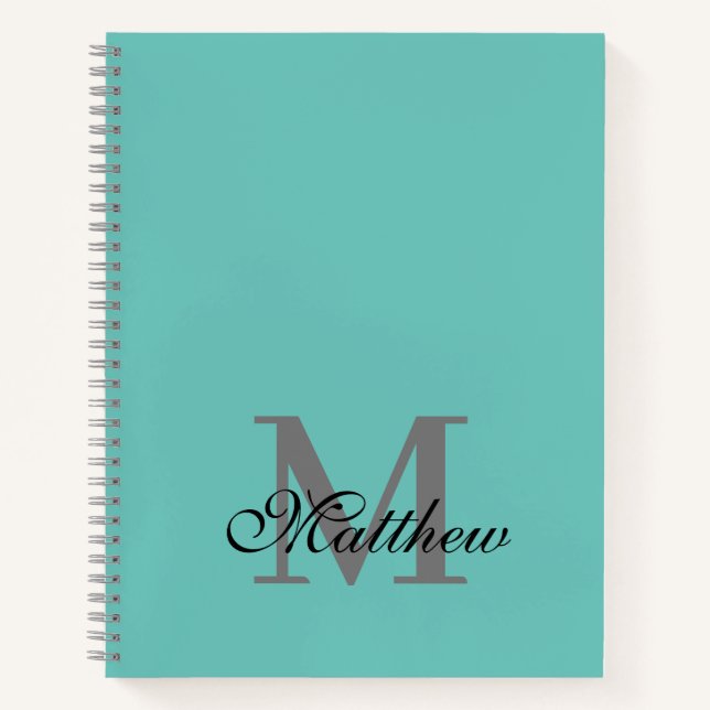 Custom initial and name text teal notebook (Front)