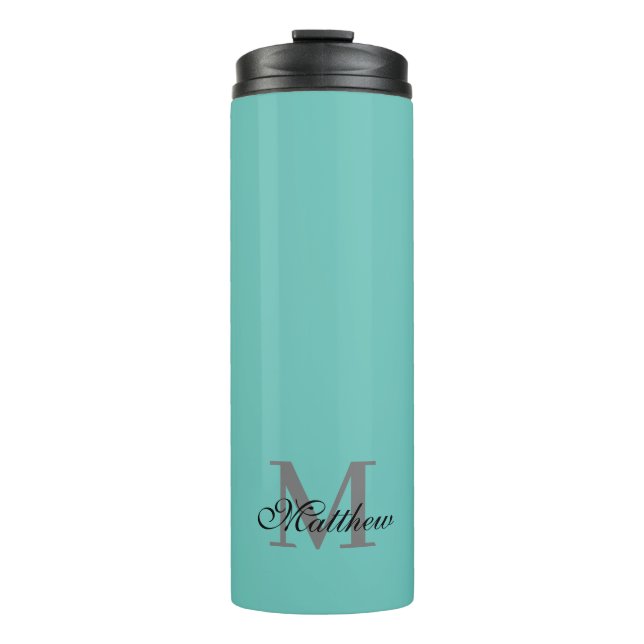 Custom initial and name text teal thermal tumbler (Front)