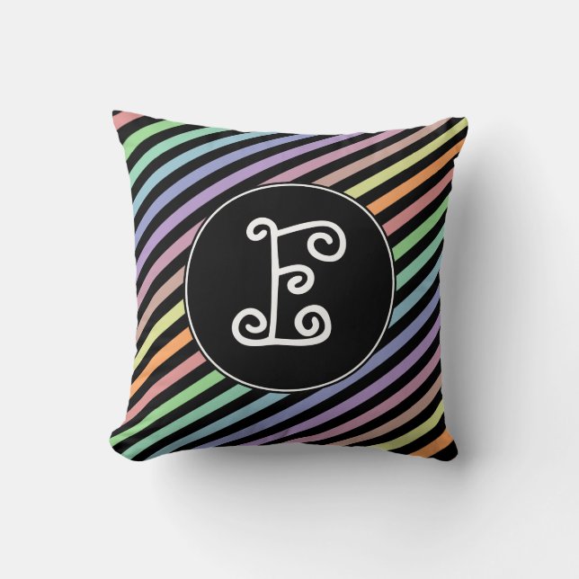 Custom Initial; Black & Pastel Colour Lines Cushion (Front)