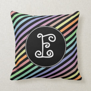 Custom Initial; Black & Pastel Colour Lines Cushion