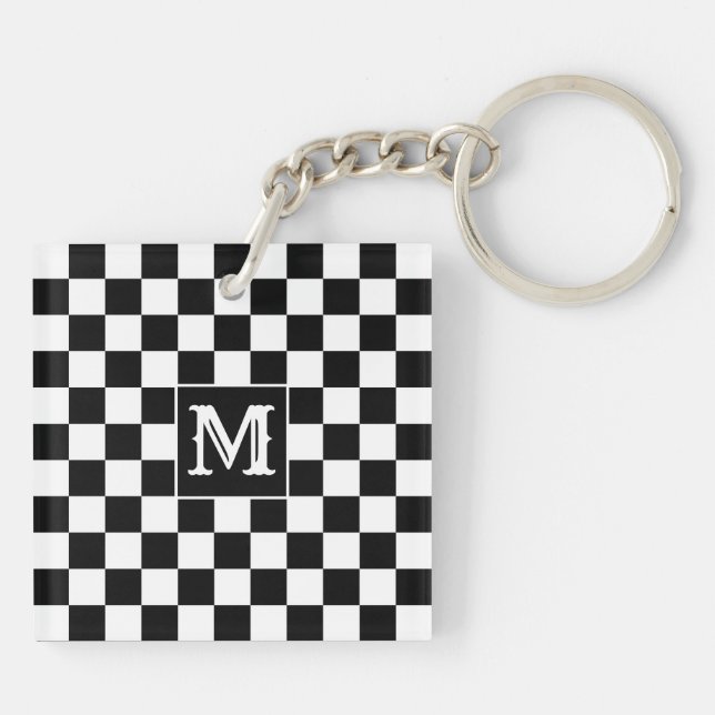 Custom Initial, Black White Checkered Keychain (Back)