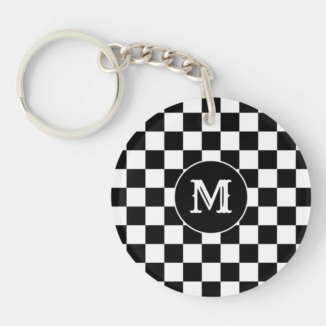 Custom Initial, Black White Checkered Keychain (Front)