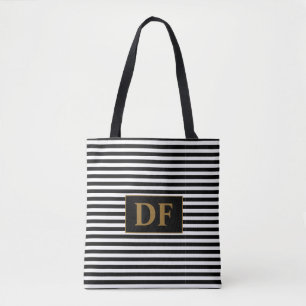Custom Initial Black/White Stripes Tote Bag