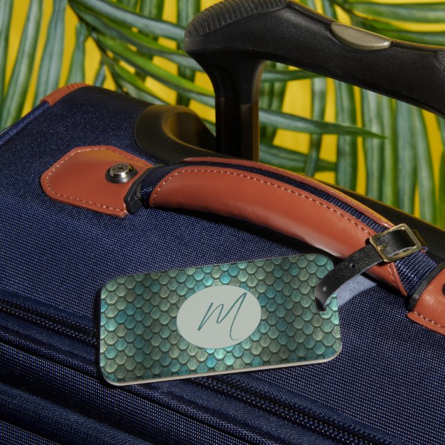 Custom initial blue scales textured luggage tag (Front Insitu 3)