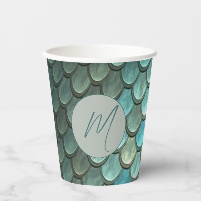Custom initial blue scales textured paper cups (Front)