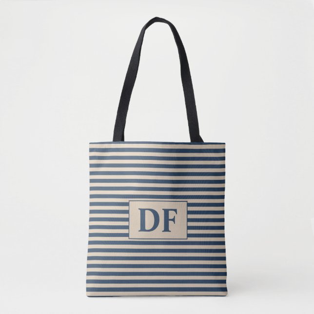 Custom Initial Blue/Vanilla Stripes Tote Bag (Front)