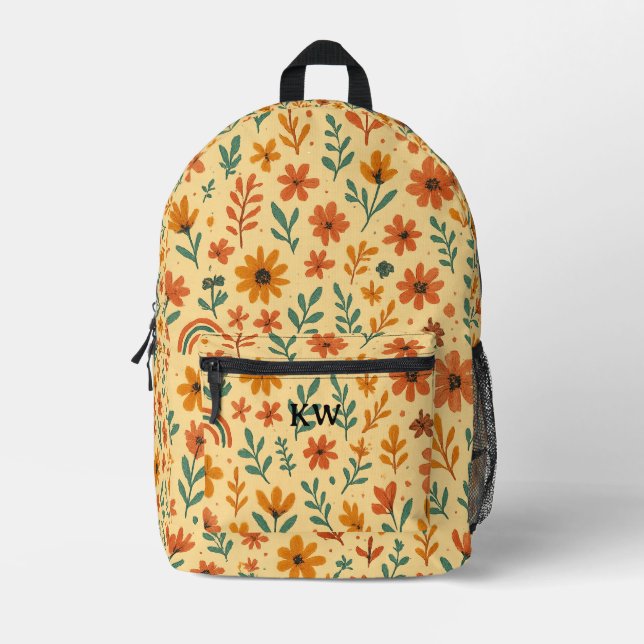 Custom Initial Boho Floral Printed Backpack (Front)
