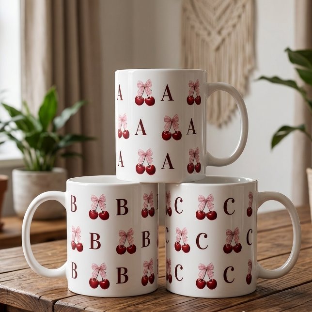 Custom Initial Cherry Gingham Mug Gift for Her Mum (Personalized initial coquette cherry birthday | graduation | wedding | bachelorette party mug gift)
