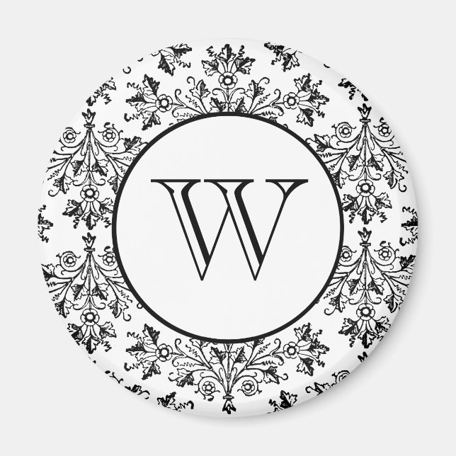 Custom Initial Daisy Damask Floral Art in Black Magnet (Front)
