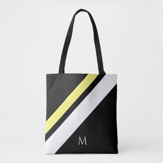 Custom initial diagonal lines black tote bag (Front)