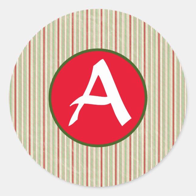 CUSTOM INITIAL GREEN AND RED STRIPED STICKER ROUND (Front)
