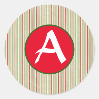 CUSTOM INITIAL GREEN AND RED STRIPED STICKER ROUND