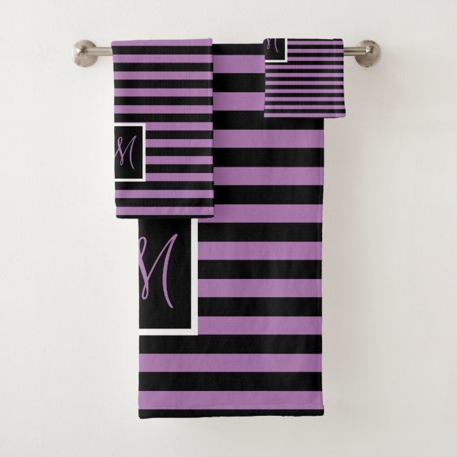 Custom Initial Lavender and Black Striped Bath Towel Set (Insitu)