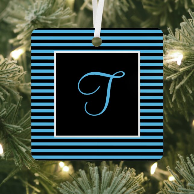 Custom Initial Letter Blue and Black Striped  Metal Tree Decoration (Insitu)