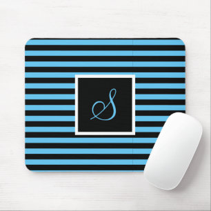 Custom Initial Letter Blue and Black Striped Mouse Mat
