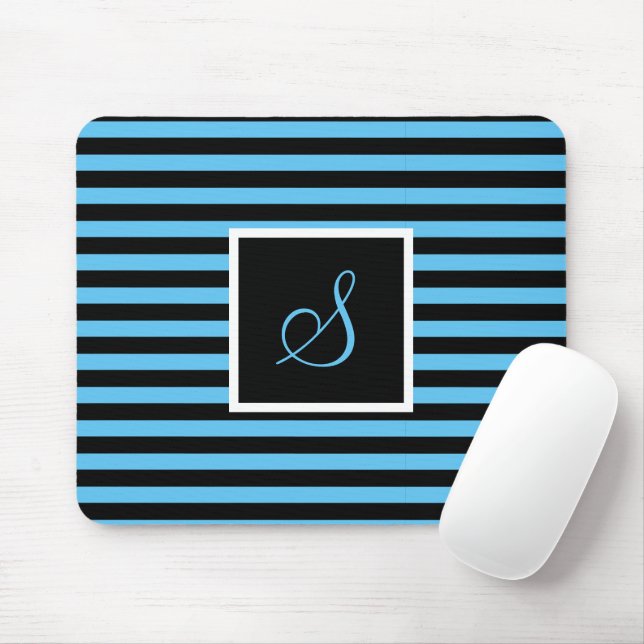Custom Initial Letter Blue and Black Striped Mouse Mat (With Mouse)