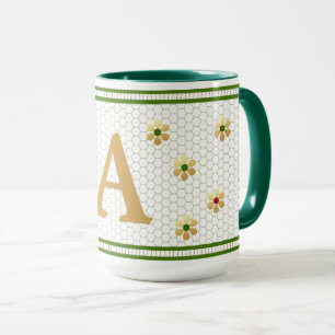 Custom Initial Letter   Chic Gold Daisy Honeycomb  Mug