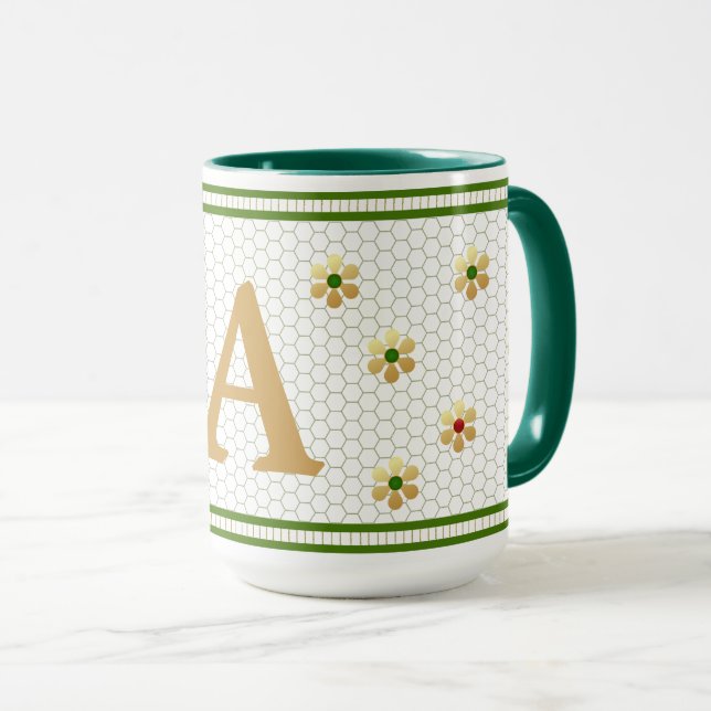 Custom Initial Letter | Chic Gold Daisy Honeycomb  Mug (Front Right)