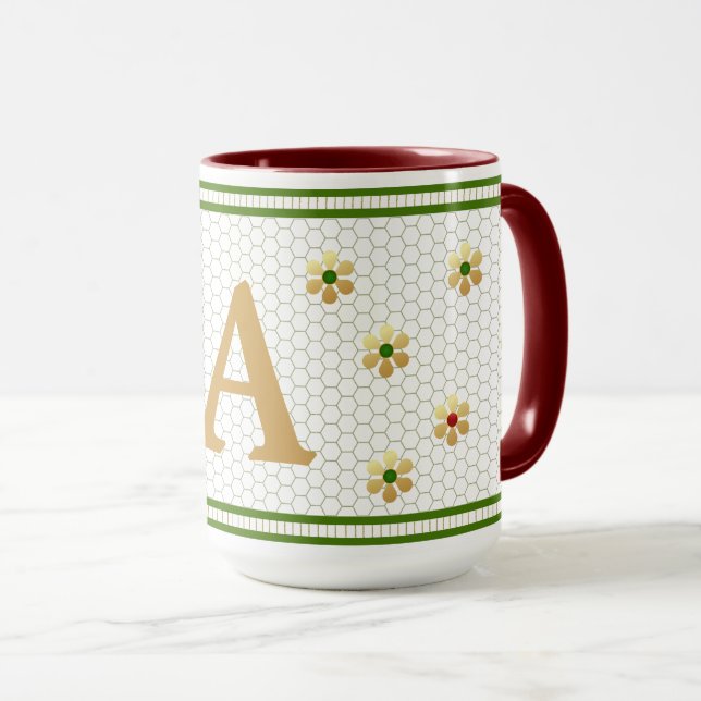 Custom Initial Letter | Chic Gold Daisy Honeycomb  Mug (Front Right)