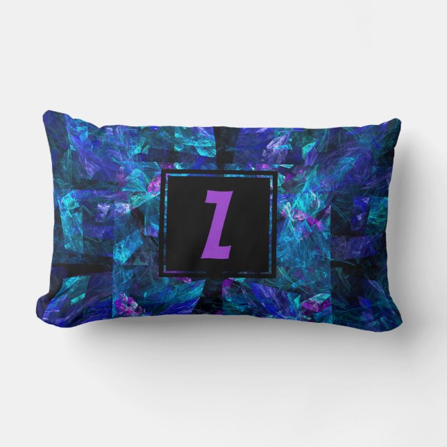 Custom Initial Letter Monogram Shimmering Blues Lumbar Cushion (Front)