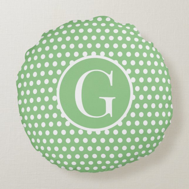 Custom initial letter Polka Dot Light Green Round Cushion (Back)