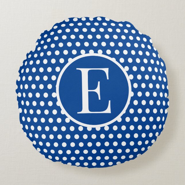 Custom initial letter Polka Dot Navy Blue Round Cushion (Front)