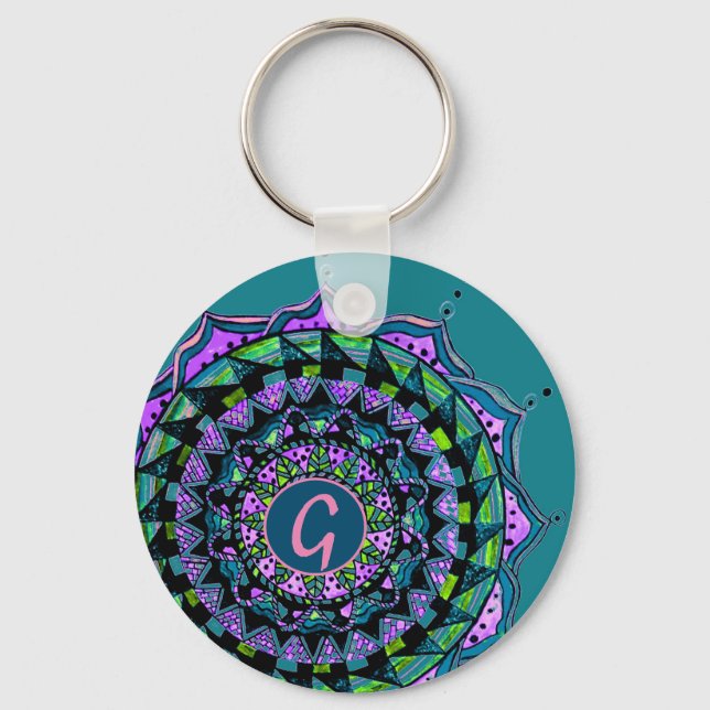 Custom Initial Mandala Design Key Ring (Front)
