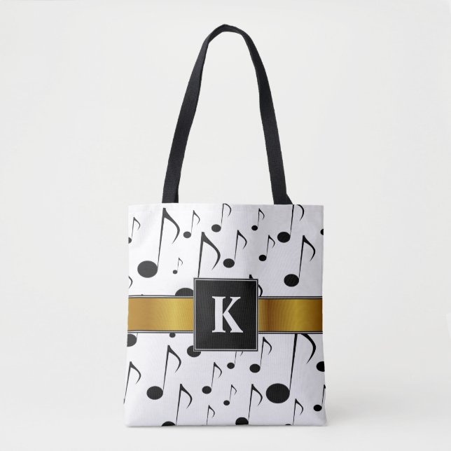 Custom Initial + Many Musical Notes Pattern Tote Bag (Front)