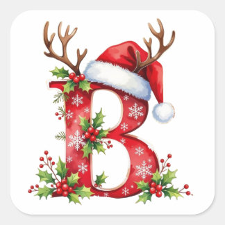 Custom initial monogram B reindeer Santa's hat Square Sticker