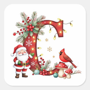 Custom initial monogram C reindeer Santa's hat Square Sticker