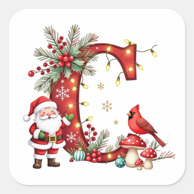 Custom initial monogram C reindeer Santa's hat  Square Sticker (Front)