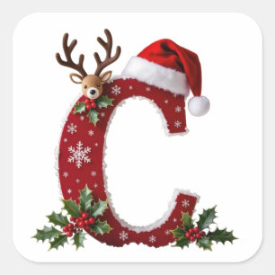 Custom initial monogram C reindeer Santa's hat Square Sticker