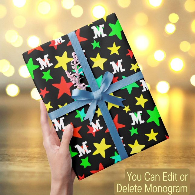 Custom initial monogram colourful star personalise wrapping paper (Creator Uploaded)