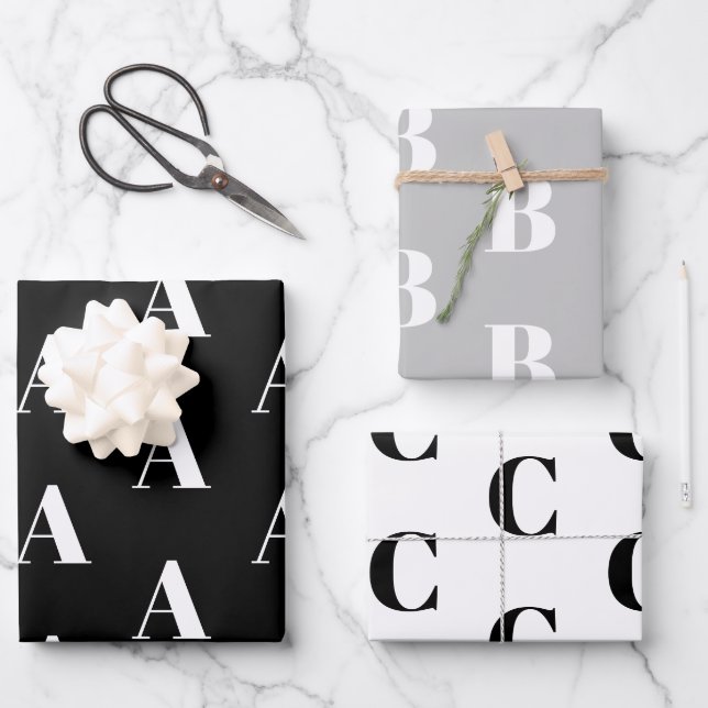 Custom Initial monogram Letter black white grey Wrapping Paper Sheet (Front)
