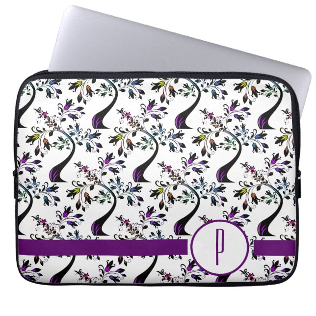 Custom Initial Monogram Rainbow Tree Pattern Laptop Sleeve (Front)